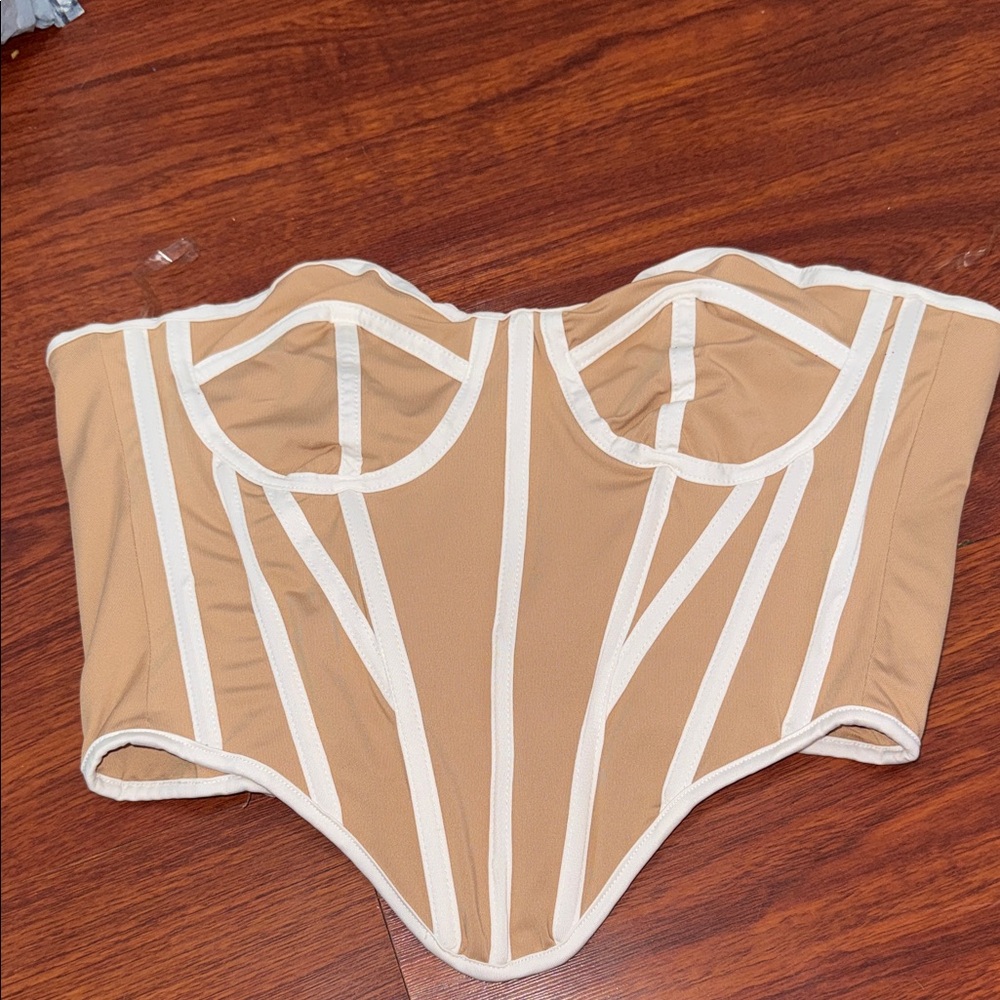 Neutral Nude Corset Top with White Piping